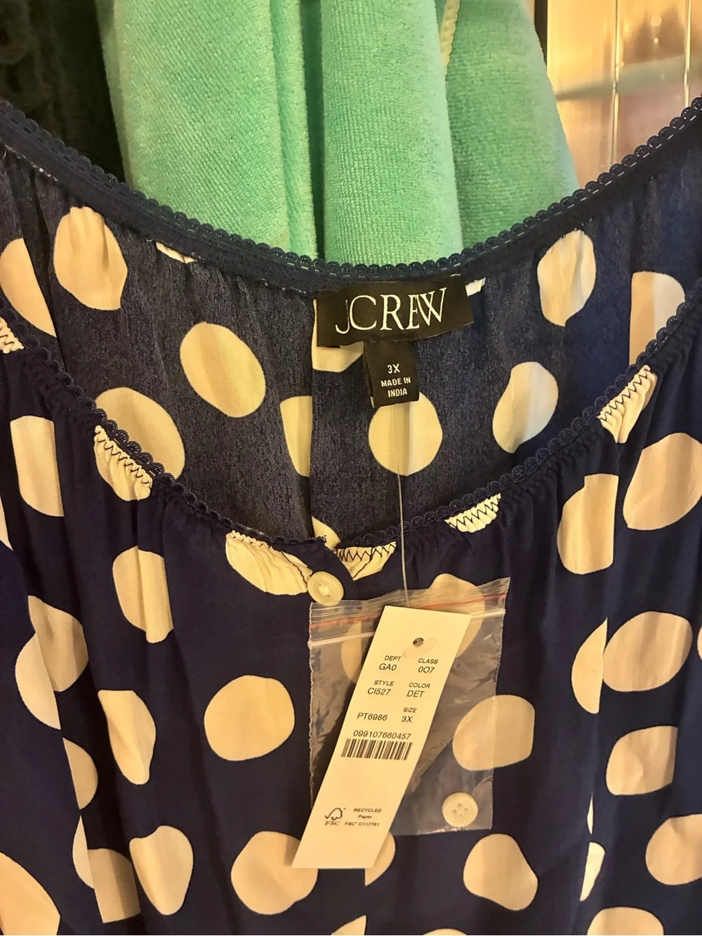 J. Crew Navy and White Polka Dot Short Sleeve Blouse